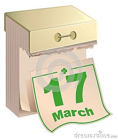 March 17 St Patrick Day. Tear-off calendar March 17 Vector Illustration