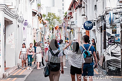 2019 March 1st, Singapore, Haji Lane - People are shopping and walking in the famous small street in the City Editorial Stock Photo