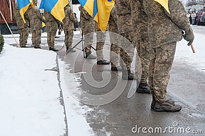 March for support Ukraine, military hold ukrainian flags Editorial Stock Photo