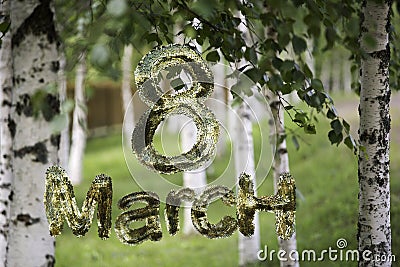 8 March symbol. Figure of eight made of golden boxes flying over nature birch background. Can be used as a decorative greeting gru Cartoon Illustration