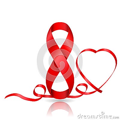 8 March symbol of red ribbon and ribbon in heart shaped. Vector Illustration