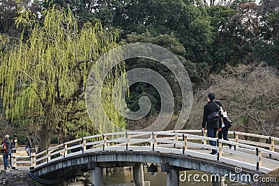 2017 MARCH 18. TOKYO JAPAN. A Japanese couple walking along the bridge among natural tree at SHINJUKU GYOEN national garden Editorial Stock Photo