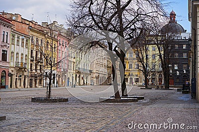 Lviv is empty, 23 March, 2019 Ukraine Lviv antique central square without people, preventing a virus epidemic Editorial Stock Photo