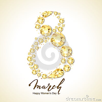 8 March vector greeting card, International Women`s Day. Number eight with 3d gold diamonds, gems, jewels and lettering. Vector Illustration