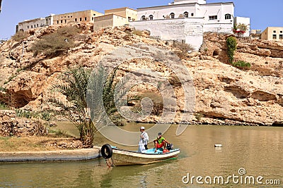 March 22 2022 - Wadi Shab, Tiwi, Oman: people enjoy the nature in the beautiful scenic canyon near Muscat in Oman Editorial Stock Photo