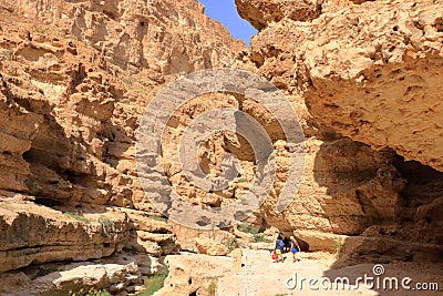 March 22 2022 - Wadi Shab, Tiwi, Oman: people enjoy the nature in the beautiful scenic canyon near Muscat in Oman Editorial Stock Photo