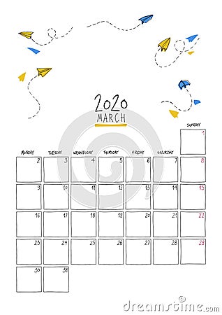 March 2020 doodle wall calendar Vector Illustration