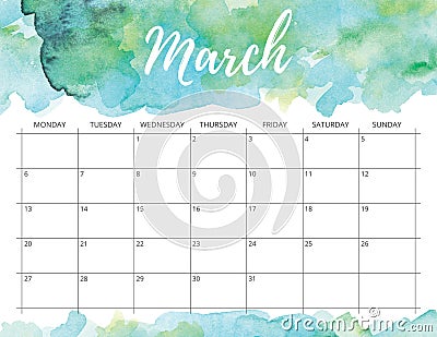 March watercolor calendar. Stock Photo