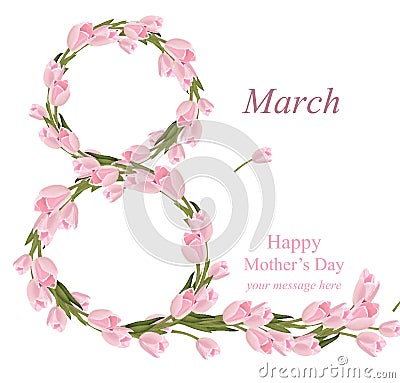 8 March Women Day greeting card. Watercolor realistic tulips Vector illustration Vector Illustration