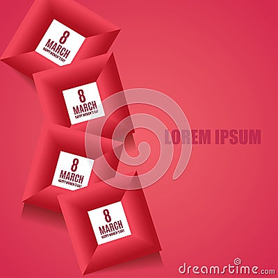 8 March women's day background template in red colors. Greeteng card, invitation and voucher template. Vector illustration. Vector Illustration