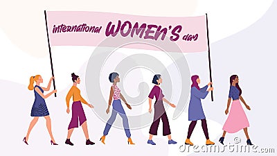 8 March Women`s Day card or poster. Women of different race Vector Illustration