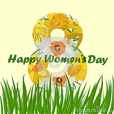 8 March Women s Day greeting card. 8 March Design cards with narcissus flowers. Vector Illustration