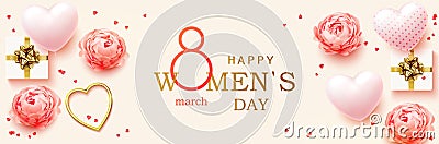 8 March. Women's Day horizontal banner for the website. Postcard on March 8. Romantic background Vector Illustration