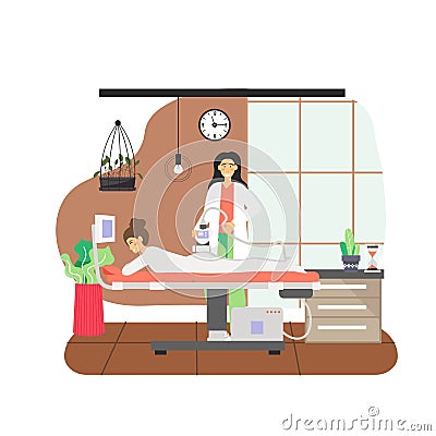 8 March, Womens Day. Happy woman enjoying her day off getting anti cellulite lpg massage, flat vector illustration. Vector Illustration