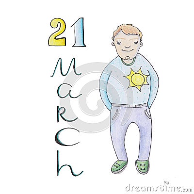 21 march - World Down Syndrome Day. Cartoon boy holding paper with written text of 21 march. Down Syndrome Awareness illustration Cartoon Illustration