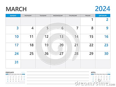 March 2024 year, Calendar planner 2024 and Set of 12 Months, week start on Sunday. Desk calendar 2024 design, simple and clean Vector Illustration