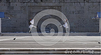 Marching Greek soldiers in the Changing of the Guards ceremony at Hellenic Parliament. Athens/Greece - 09/15/2019 Editorial Stock Photo