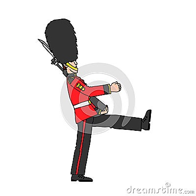 A marching royal guardsman in a fur hat, a British soldier, a landmark of the city, a symbol of London Vector Illustration