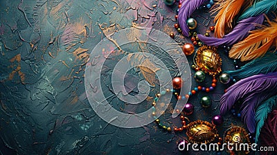 Mardi Gras beads and feather masks scattered on a textured background, embodying the celebration's extravagance Stock Photo