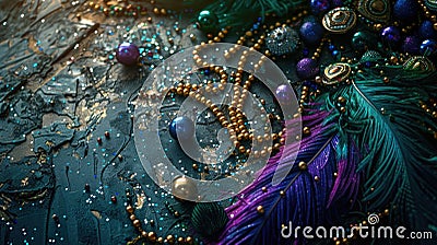 Mardi Gras beads and feather masks scattered on a textured background, embodying the celebration's extravagance Stock Photo