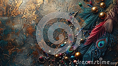 Mardi Gras beads and feather masks scattered on a textured background, embodying the celebration's extravagance Stock Photo