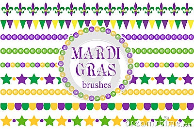 Mardi Gras borders set . Cute beads, fleur de lis ornaments, garland. Vector Illustration