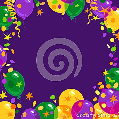 Mardi Gras carnival background with colorfull flying balloons, confetti, serpentine frame with place for text. Isolated Vector Illustration