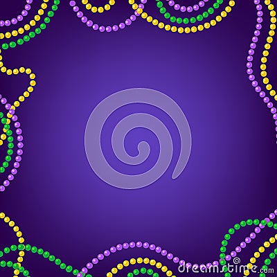 Mardi Gras carnival background with colorfull yellow, purple, green beads frame. Vector illustration isolated on purple. Vector Illustration
