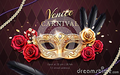 Mardi gras carnival banner, flyer with mask Vector Illustration