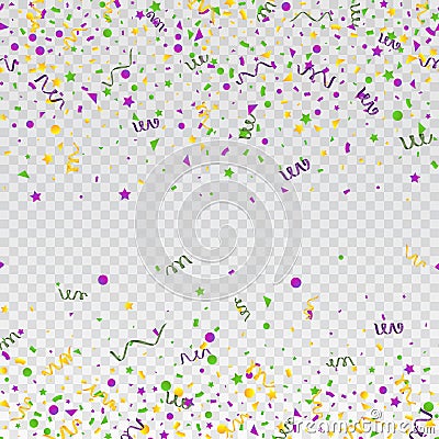 Mardi Gras carnival confetti seamless background. Traditional colors yellow, purple, green Vector Illustration