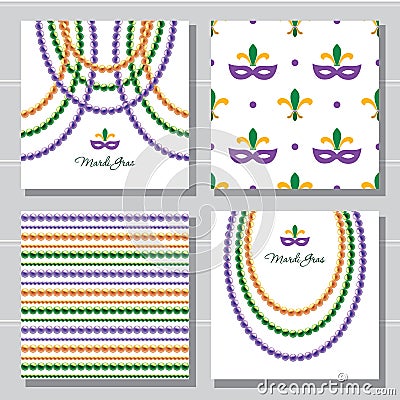 Mardi Gras carnival decorative template and seamless pattern set. Glossy colorful beads and venetian mask. Vector Vector Illustration