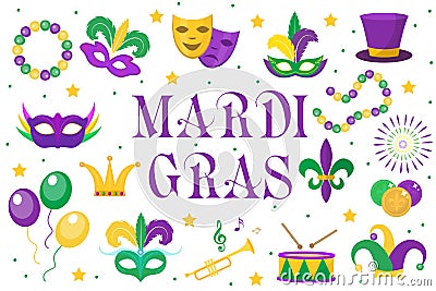 Mardi Gras carnival set icons, design element , flat style. Collection, mask with feathers Vector Illustration