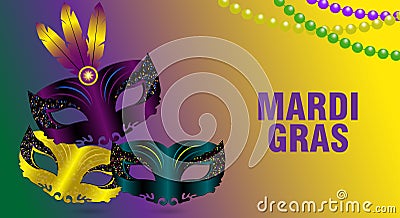 Mardi gras colorful background with three carnival masks and feathers. Greeting card, banner or poster with shining beads. Vector Vector Illustration