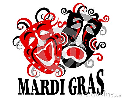 Mardi Gras, colorful carnival masks and congratulatory text. Red and black design. Banner, poster Vector Illustration