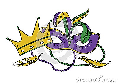 Mardi Gras composition. Group of carnival mask with beads and crown. Color vector illustration Vector Illustration