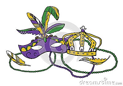 Mardi Gras composition. Group of carnival mask with feathers, beads and crown. Color vector Vector Illustration