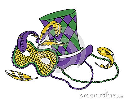 Mardi Gras composition. Group of carnival mask with feathers, beads and hat. Color vector Vector Illustration