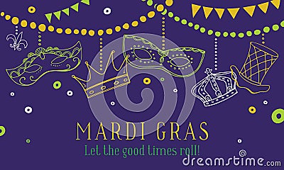Mardi Gras composition with masks, crowns and hat hanging on beads. Vector hand drawn sketch color Vector Illustration