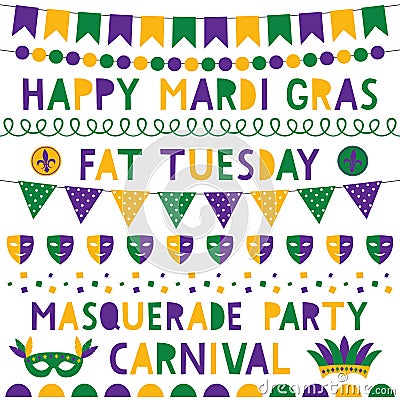 Mardi Gras decoration and lettering set Vector Illustration