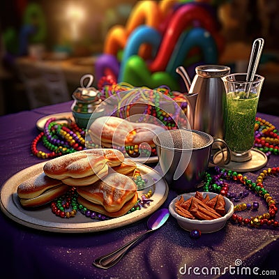Mardi Gras Extravaganza: Festive Decorations and Irresistible Donuts Take Center Stage Stock Photo