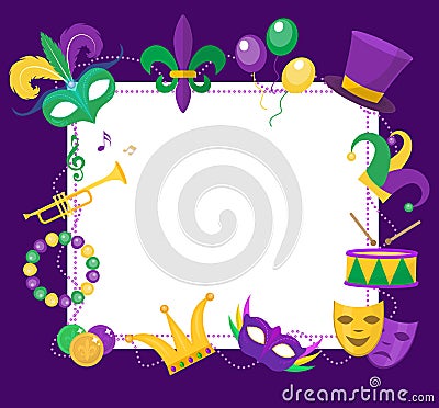 Mardi Gras frame template with space for text. Carnival poster, flyer, invitation. Vector Illustration