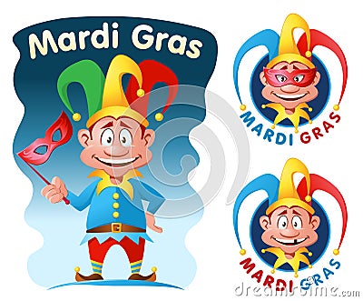 Mardi gras. Funny jester holding a mask Vector Illustration