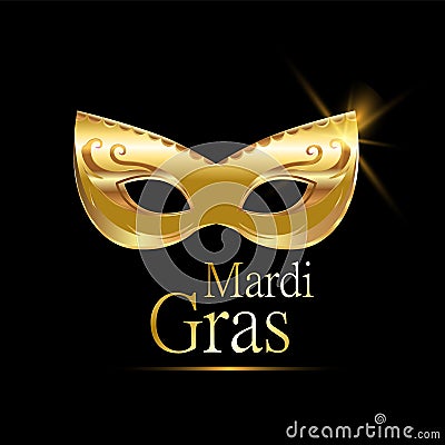 Mardi Gras golden carnival mask with ornaments for poster, greeting card, party invitation, banner or flyer on black background. Vector Illustration