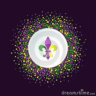 Mardi Gras holiday background. Round dotted frame with colorful fleur de lis. Vector Illustration