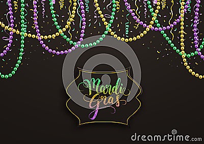 Mardi Gras holiday decorative postcard with colorful beads and calligraphic lettering, vector illustration Vector Illustration