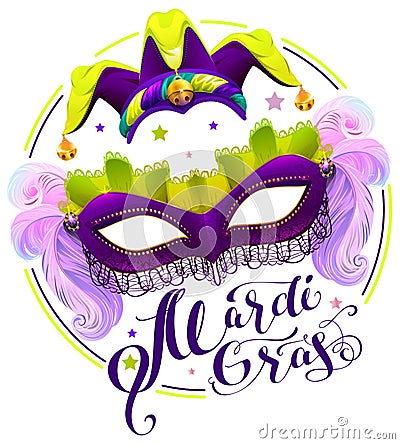 Mardi Gras lettering text. Purple carnival mask and clown cap Vector Illustration