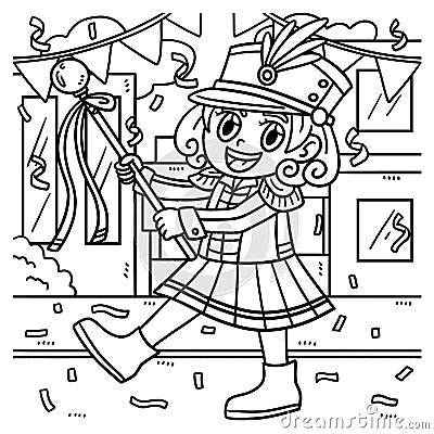 Mardi Gras Majorette Coloring Page for Kids Vector Illustration