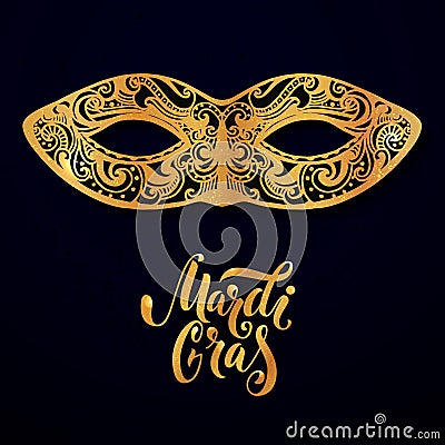 Mardi gras mask illustration. Vector golden type at dark blue background. Masquerade invitation design Vector Illustration