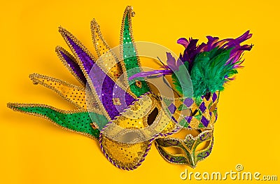 Mardi Gras Masks on yellow Background Stock Photo