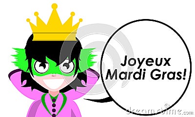 Happy Mardi Gras, girl, greetings, colors, French, isolated. Cartoon Illustration